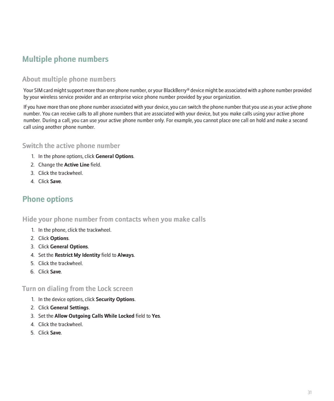 Blackberry 8707 manual Multiple phone numbers, Phone options 