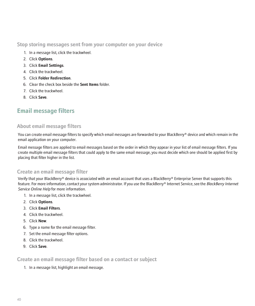 Blackberry 8707 manual Email message filters, About email message filters, Create an email message filter 