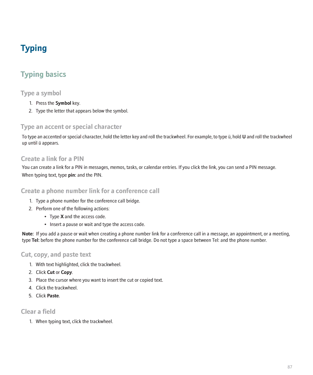 Blackberry 8707 manual Typing basics 