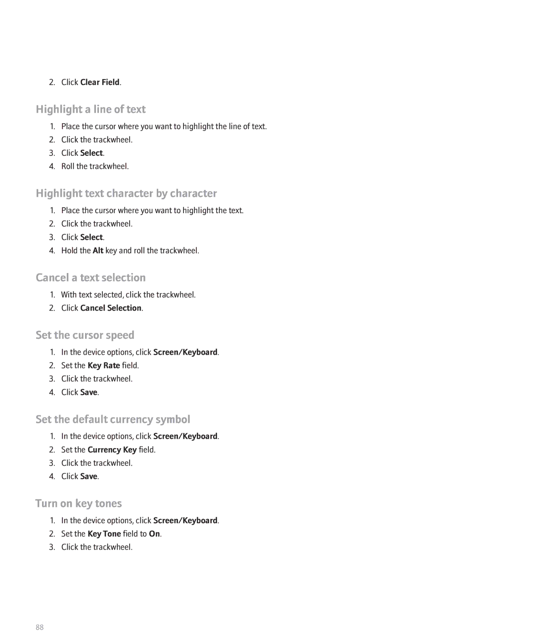 Blackberry 8707 manual Highlight a line of text, Highlight text character by character, Cancel a text selection 