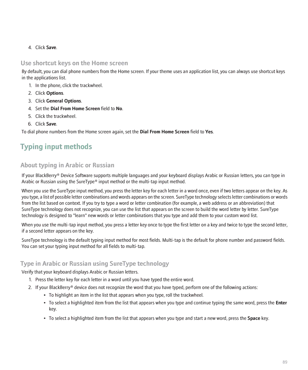 Blackberry 8707 manual Typing input methods, Use shortcut keys on the Home screen, About typing in Arabic or Russian 