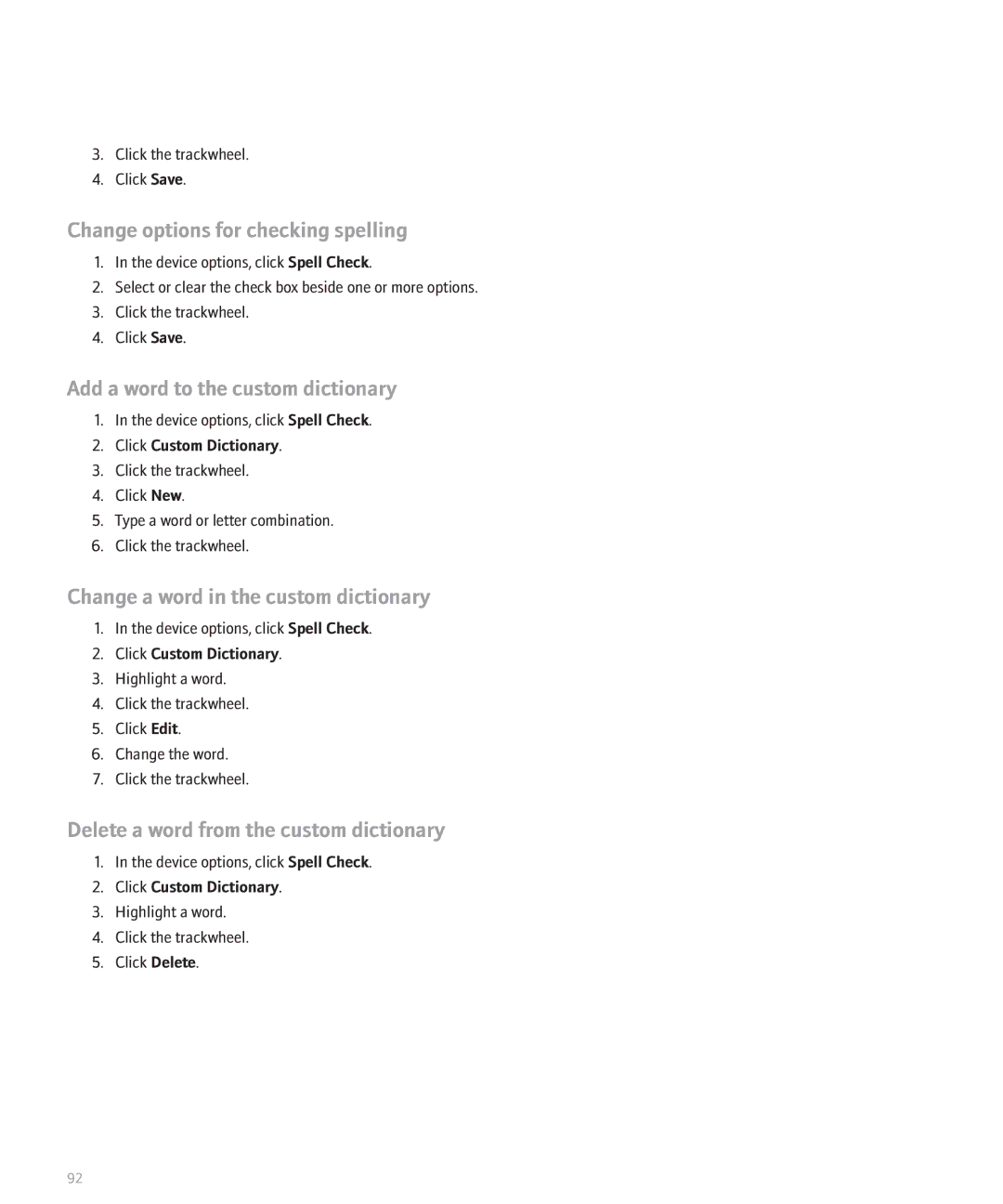 Blackberry 8707 manual Change options for checking spelling, Add a word to the custom dictionary, Click Custom Dictionary 