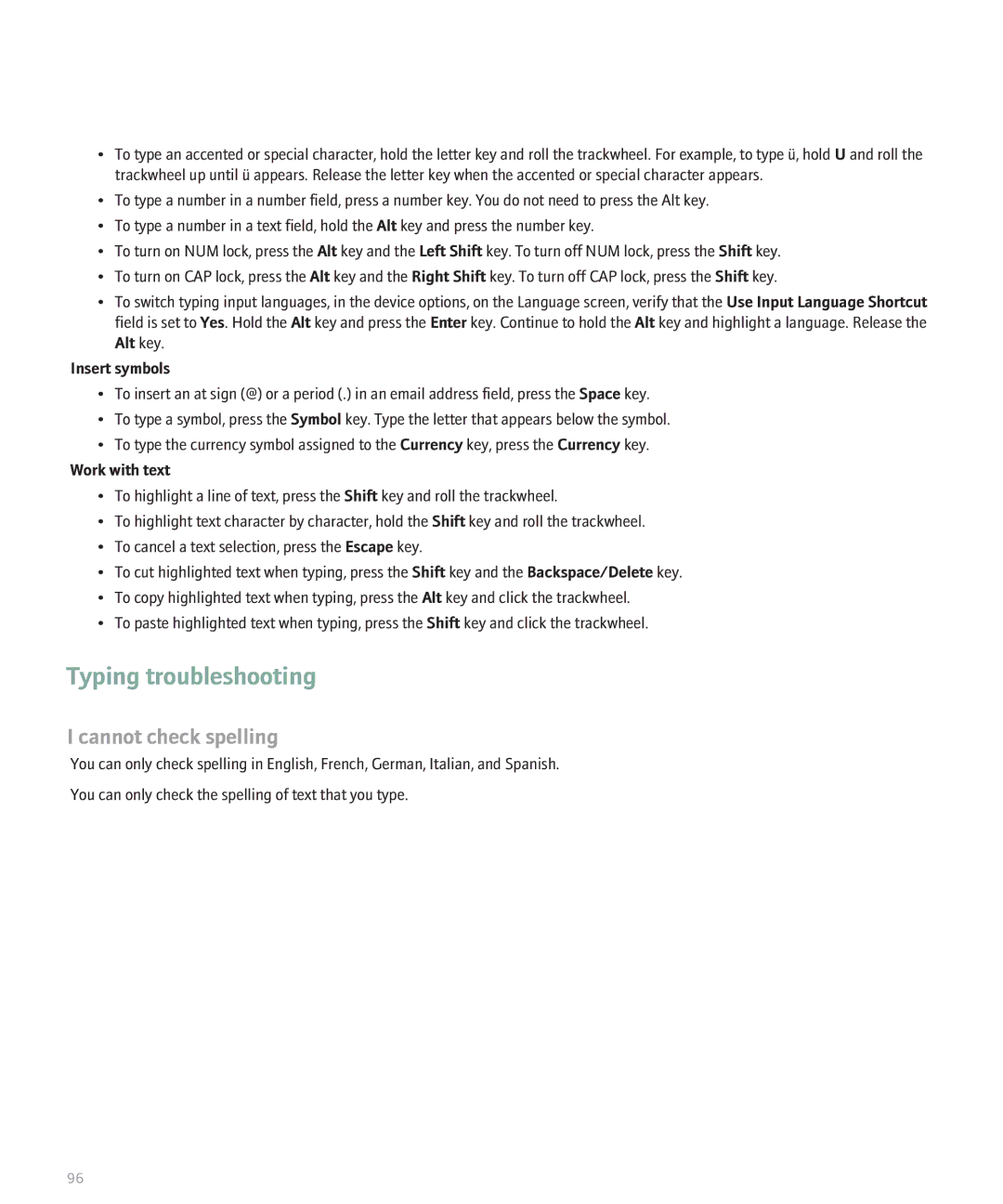 Blackberry 8707 manual Typing troubleshooting, Cannot check spelling 
