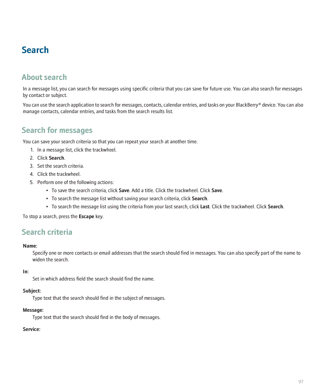 Blackberry 8707 manual About search, Search for messages, Search criteria 