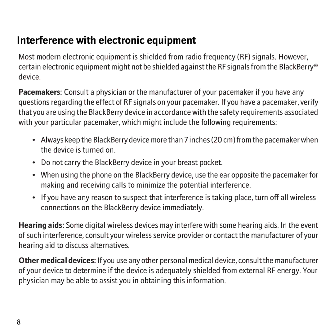 Blackberry 8707v, 8707G manual Interference with electronic equipment 