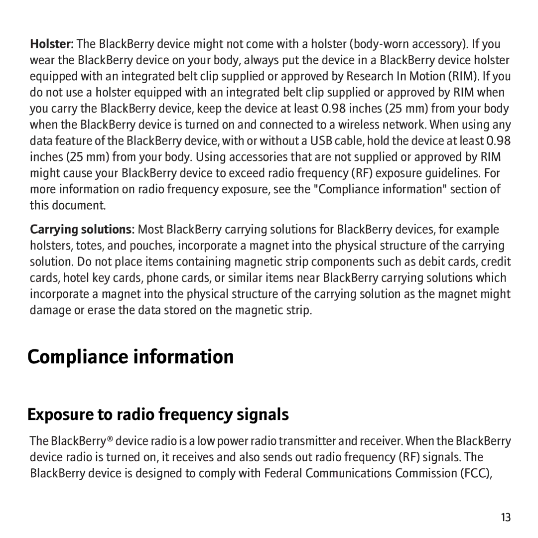 Blackberry 8707G, 8707v manual Compliance information, Exposure to radio frequency signals 