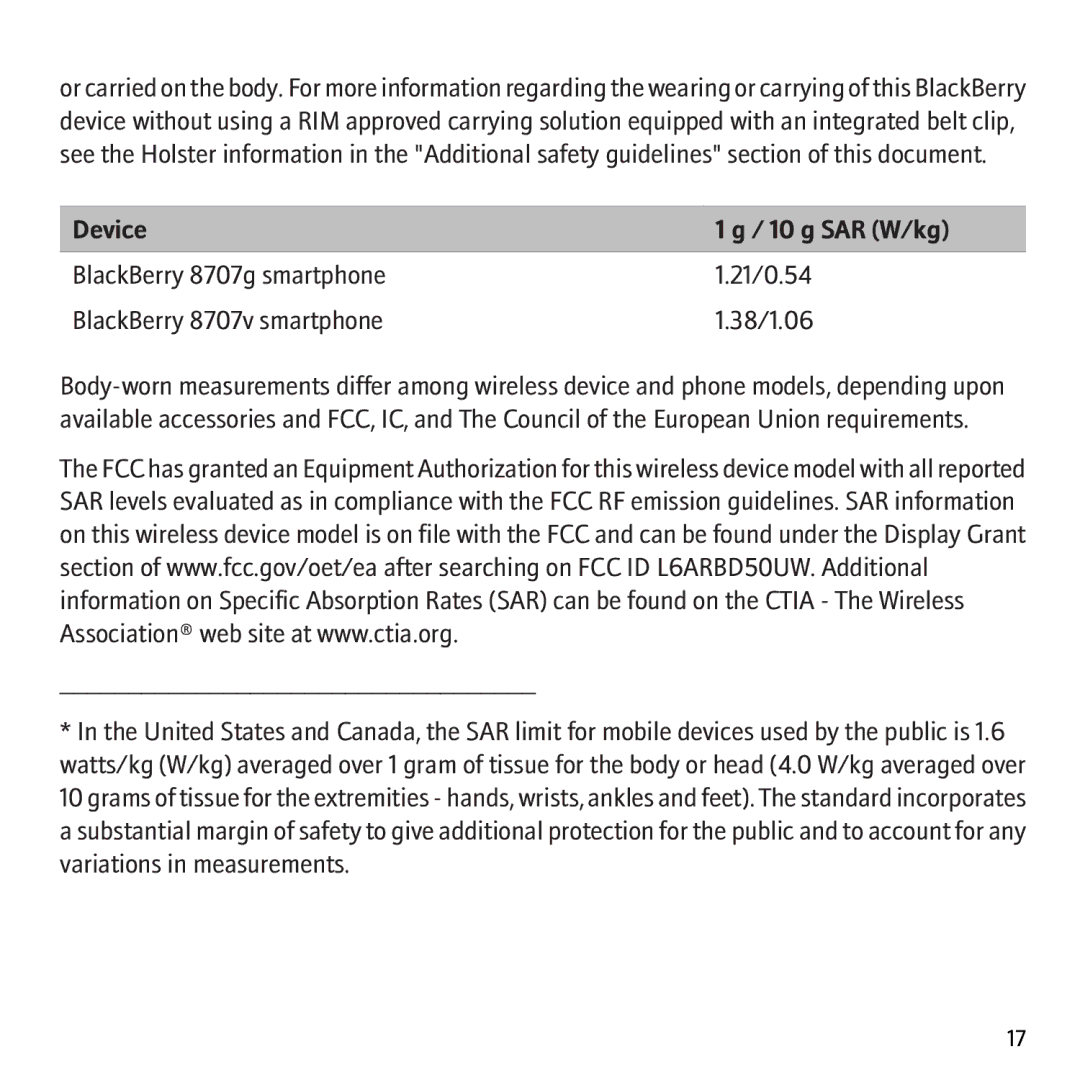 Blackberry 8707G, 8707v manual Device 10 g SAR W/kg 