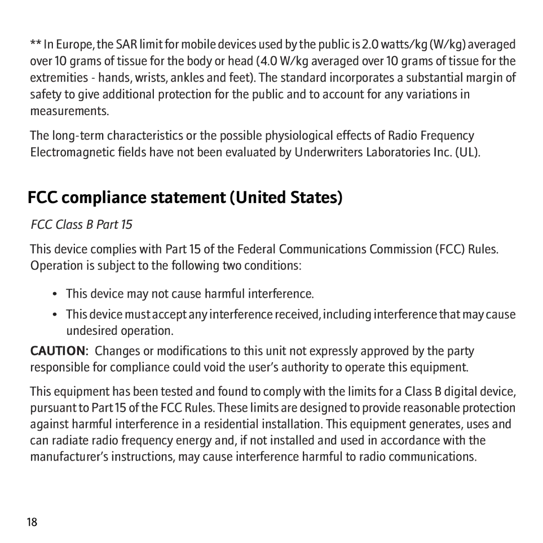 Blackberry 8707v, 8707G manual FCC compliance statement United States, FCC Class B Part 