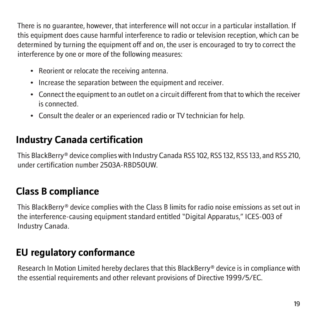 Blackberry 8707G, 8707v manual Industry Canada certification, Class B compliance, EU regulatory conformance 