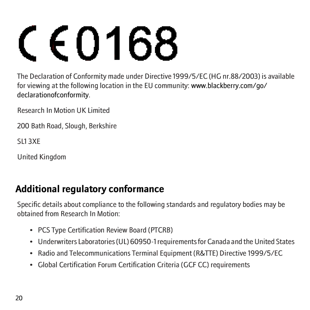 Blackberry 8707v, 8707G manual Additional regulatory conformance 