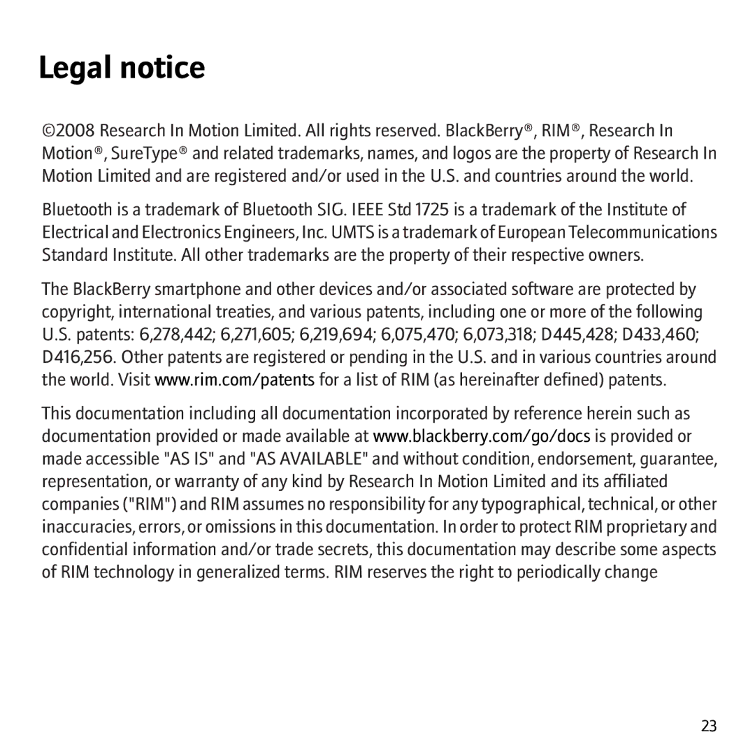 Blackberry 8707G, 8707v manual Legal notice 