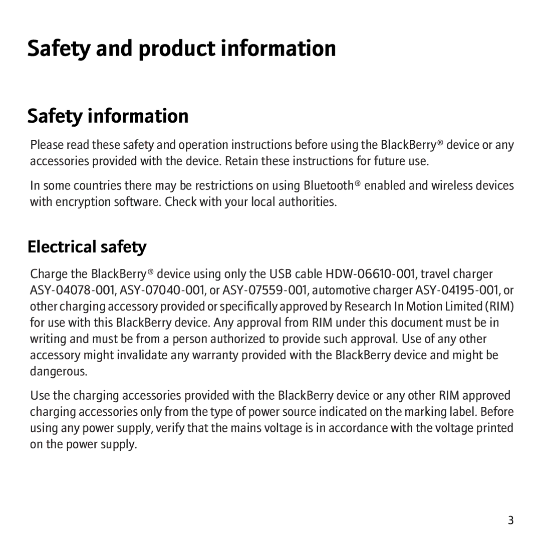 Blackberry 8707G, 8707v manual Safety and product information, Electrical safety 