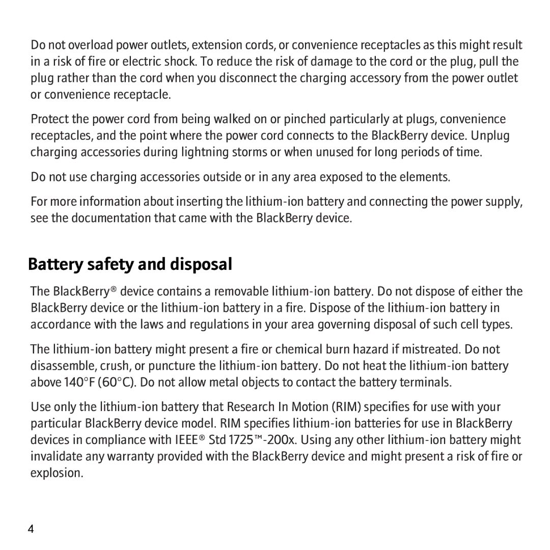 Blackberry 8707v, 8707G manual Battery safety and disposal 