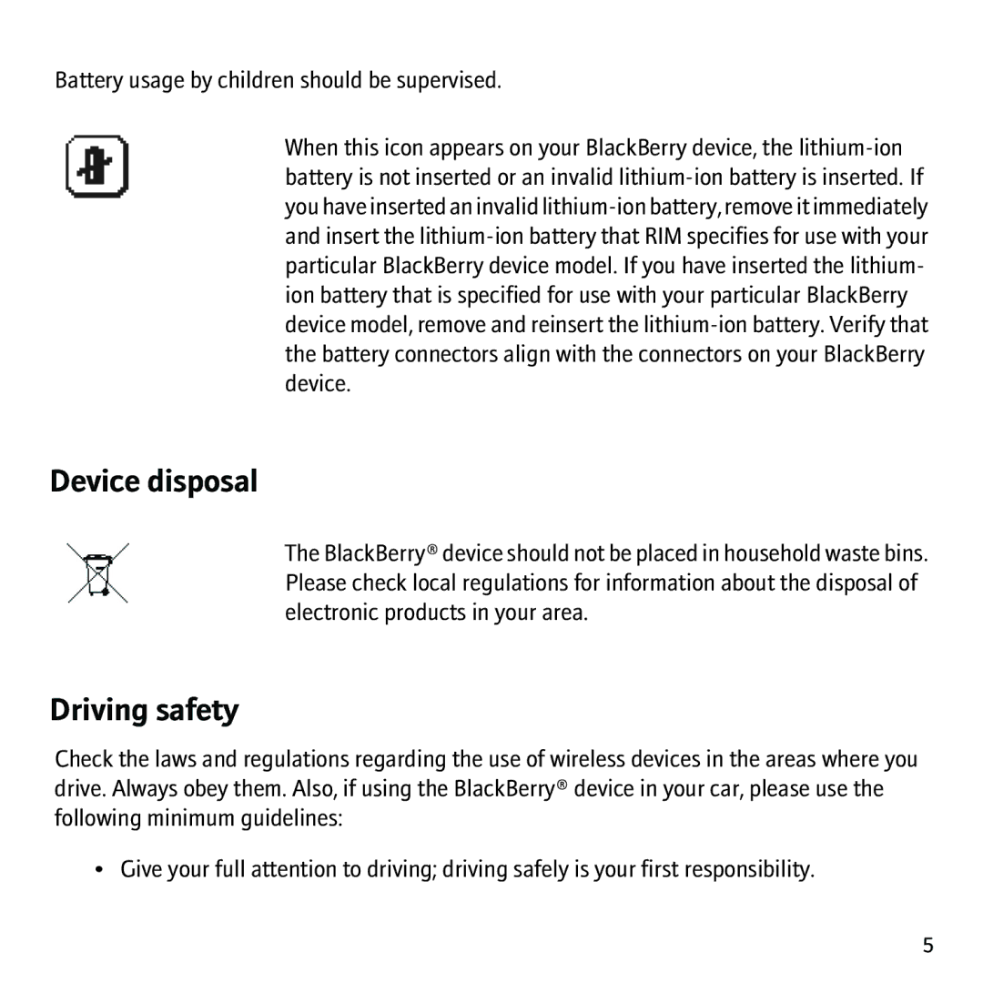 Blackberry 8707G, 8707v manual Device disposal, Driving safety 