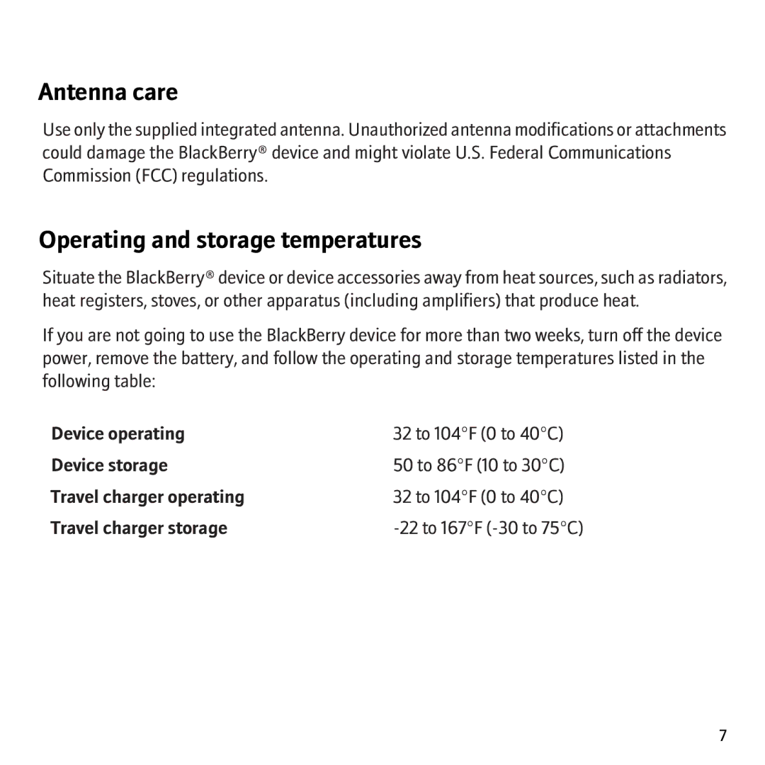 Blackberry 8707G, 8707v manual Antenna care, Operating and storage temperatures 