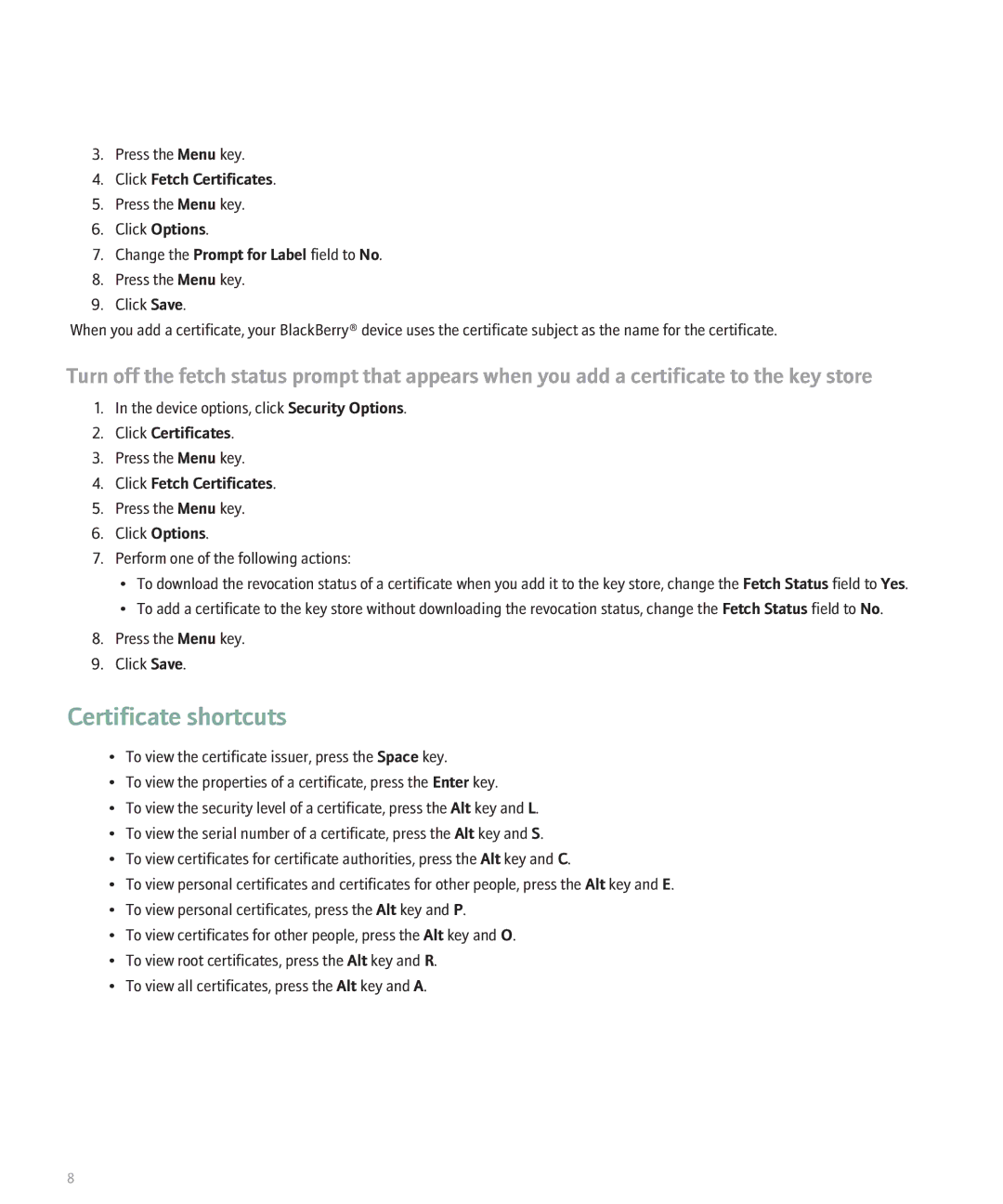 Blackberry 8800 Series, 8300 Series manual Certificate shortcuts, Click Fetch Certificates 