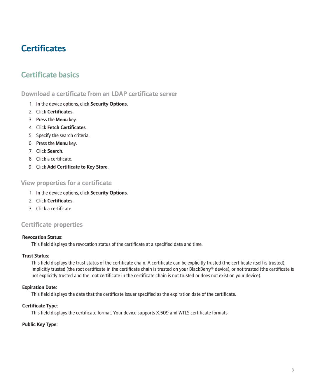 Blackberry 8300 Series manual Certificates, Certificate basics, Download a certificate from an Ldap certificate server 