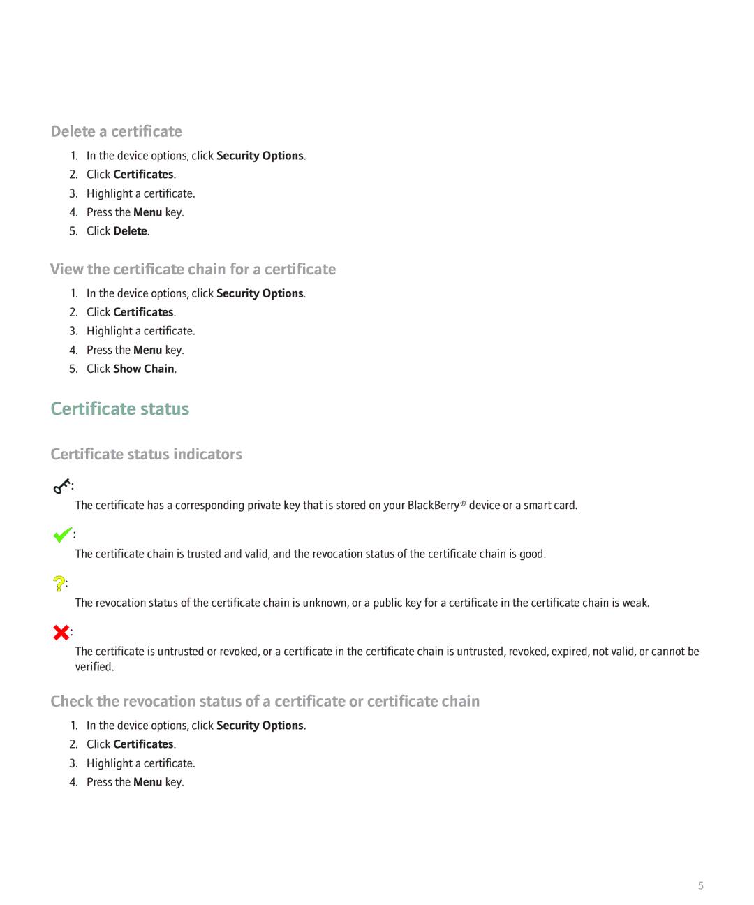 Blackberry 8300 Series, 8800 Series Certificate status, Delete a certificate, View the certificate chain for a certificate 