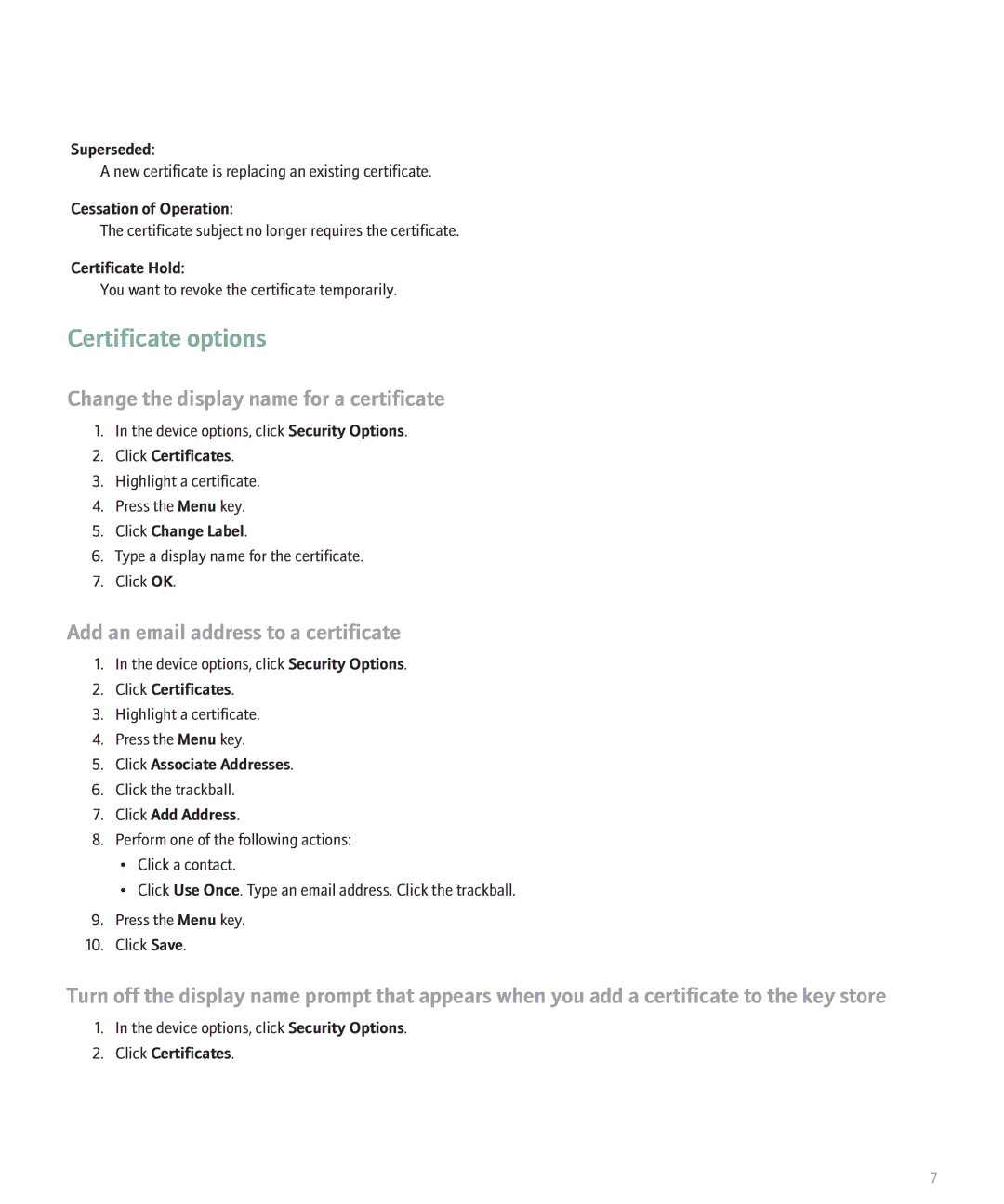 Blackberry 8300 Series, 8800 Series manual Certificate options, Change the display name for a certificate 