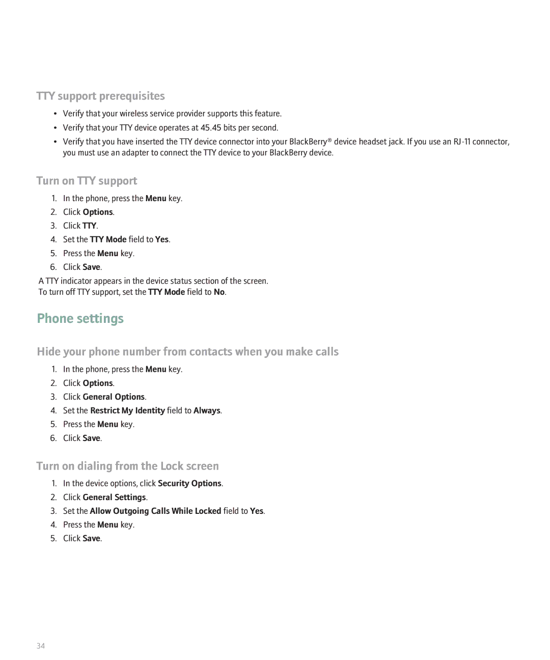 Blackberry 8800 manual Phone settings, TTY support prerequisites, Turn on TTY support, Turn on dialing from the Lock screen 