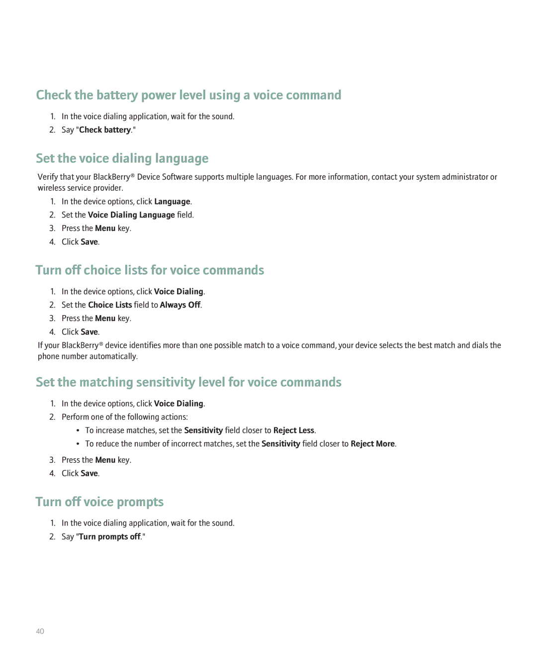 Blackberry 8800 manual Check the battery power level using a voice command, Set the voice dialing language 