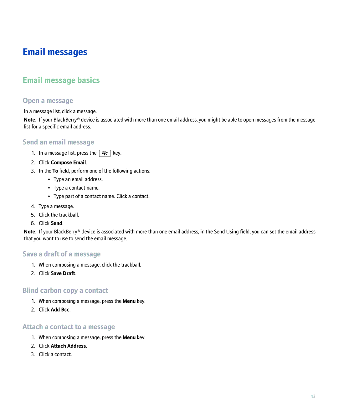 Blackberry 8800 manual Email messages, Email message basics 