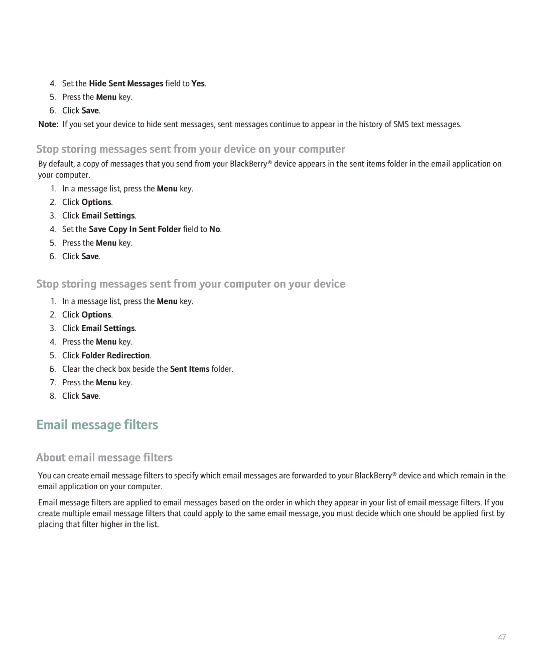 Blackberry 8800 manual Email message filters, About email message filters, Set the Hide Sent Messages field to Yes 