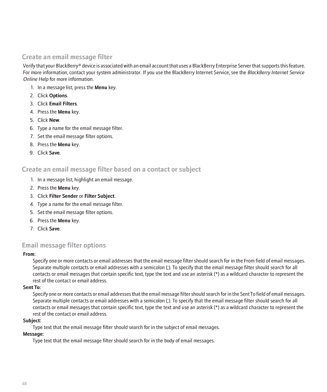 Blackberry 8800 manual Create an email message filter, Email message filter options 