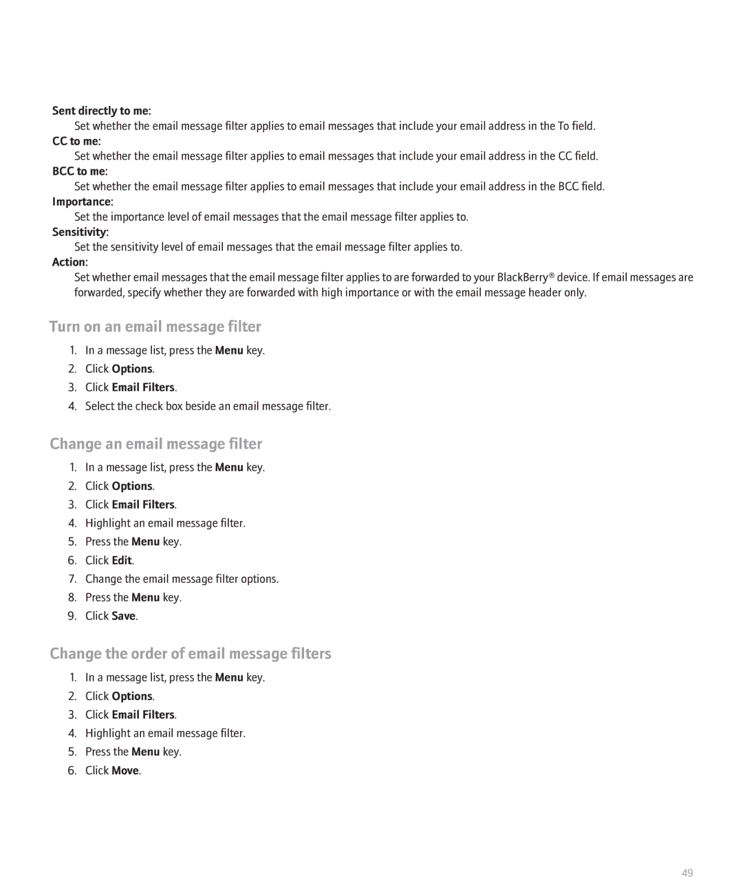Blackberry 8800 Turn on an email message filter, Change an email message filter, Change the order of email message filters 