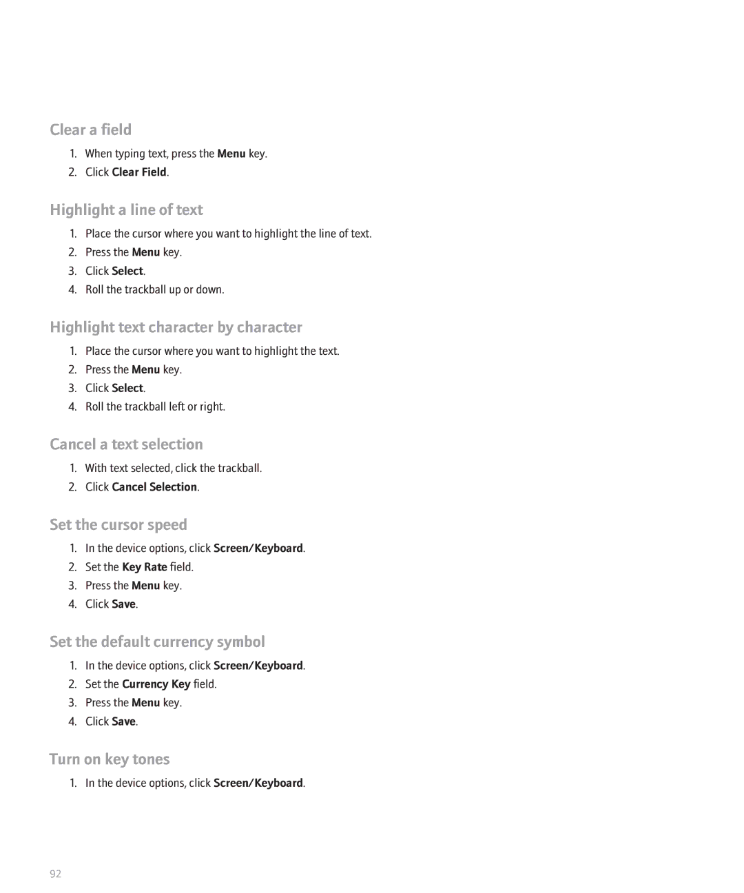 Blackberry 8800 Clear a field, Highlight a line of text, Highlight text character by character, Cancel a text selection 