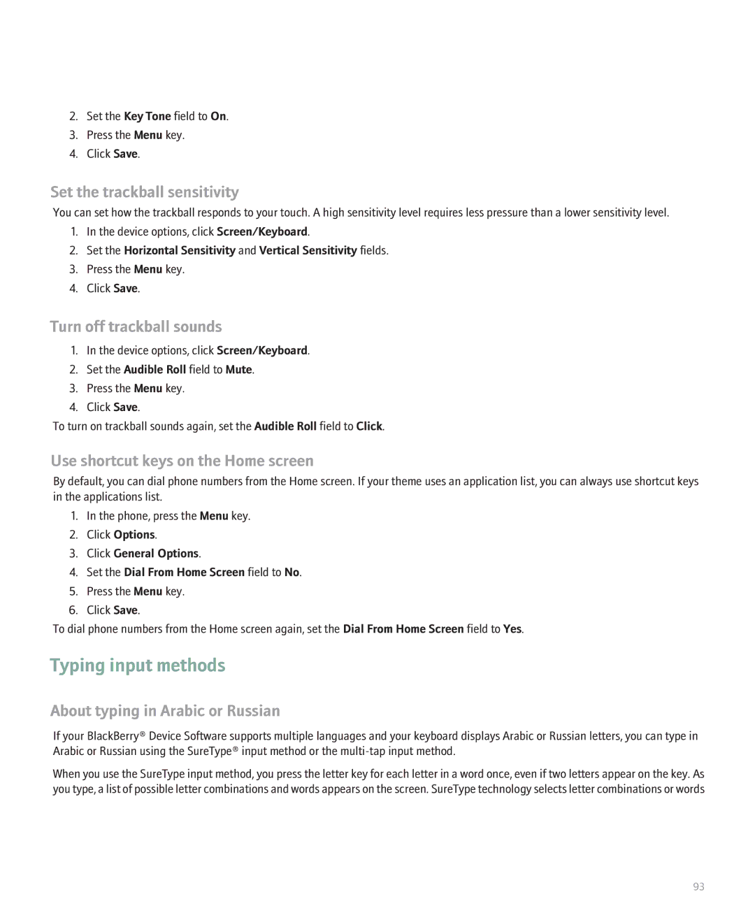 Blackberry 8800 manual Typing input methods, Set the trackball sensitivity, Turn off trackball sounds 