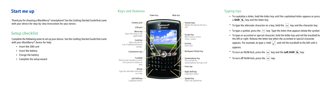 Blackberry 8820 manual Start me up, Setup checklist, Typing tips 