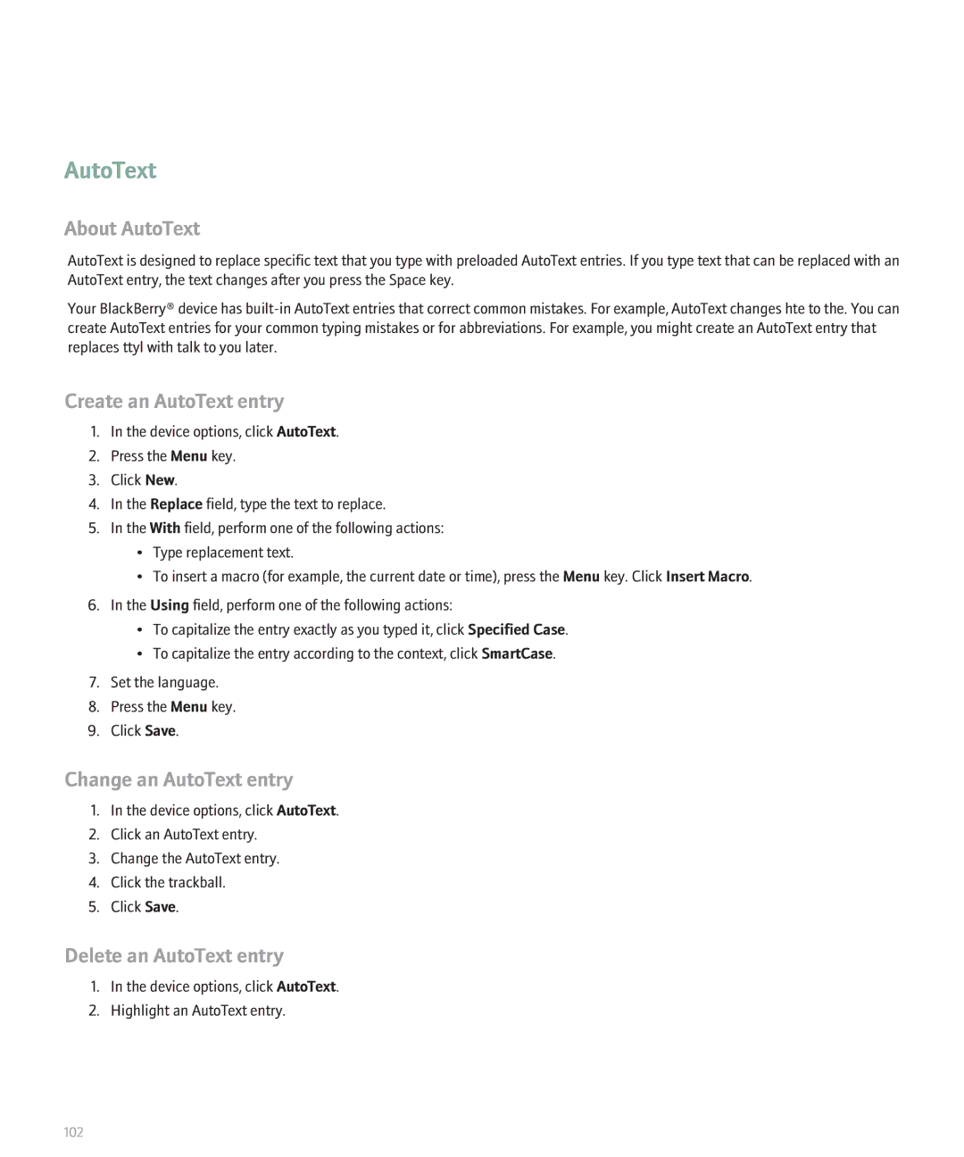 Blackberry 8820 manual About AutoText, Create an AutoText entry, Change an AutoText entry, Delete an AutoText entry 