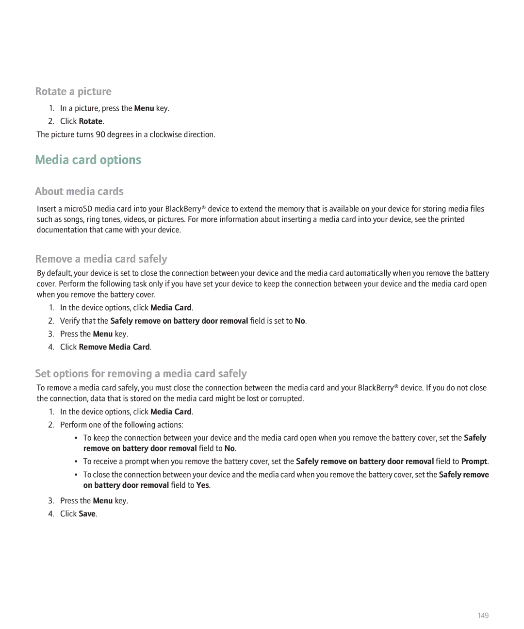 Blackberry 8820 manual Media card options, About media cards, Remove a media card safely, Click Remove Media Card 
