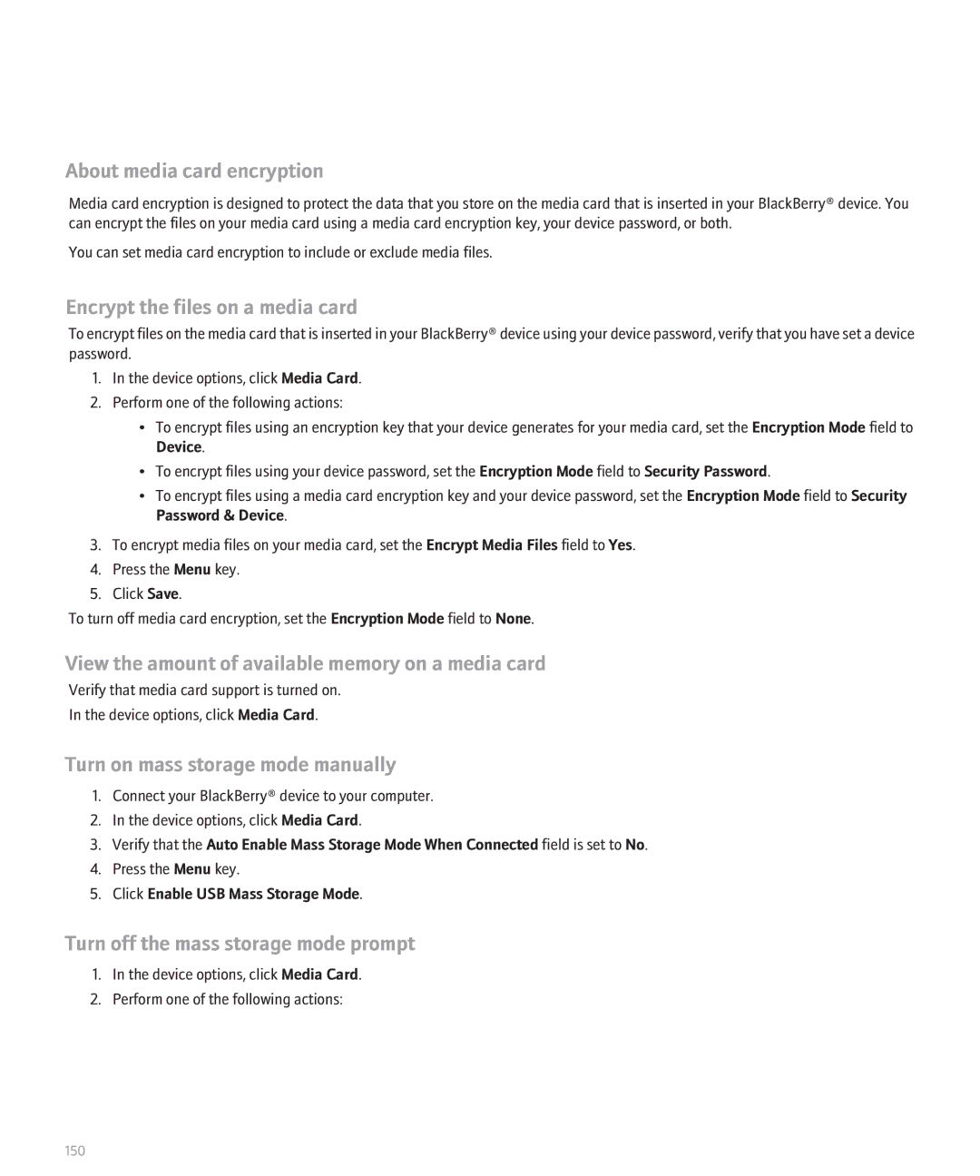 Blackberry 8820 About media card encryption, Encrypt the files on a media card, Turn on mass storage mode manually 