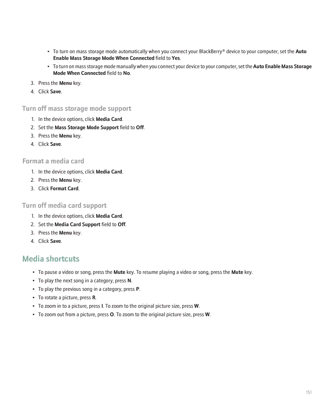 Blackberry 8820 manual Turn off mass storage mode support, Format a media card, Turn off media card support 