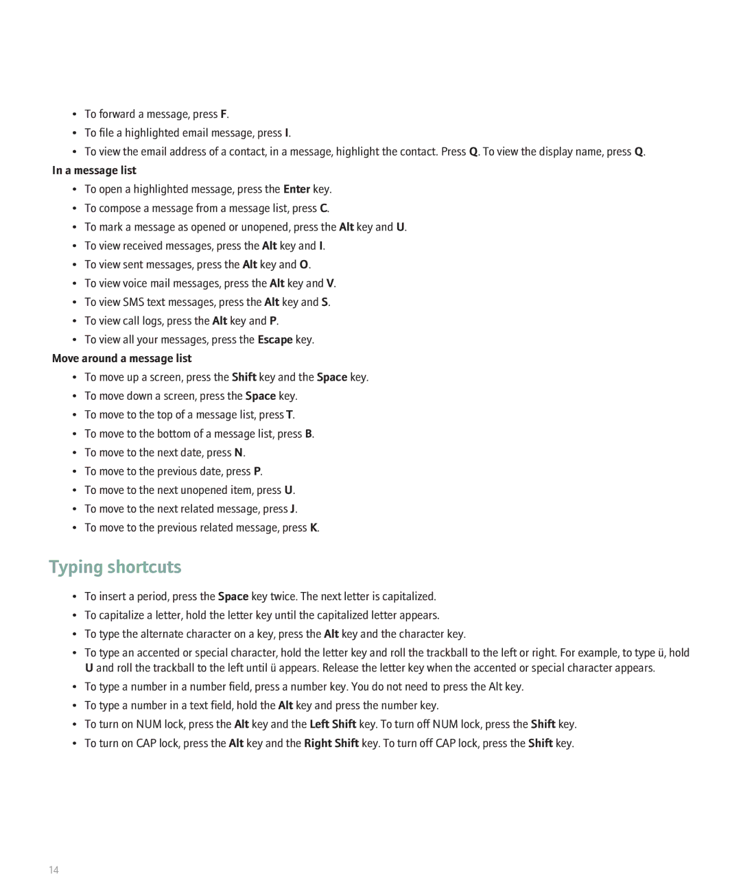 Blackberry 8820 manual Typing shortcuts, A message list, Move around a message list 