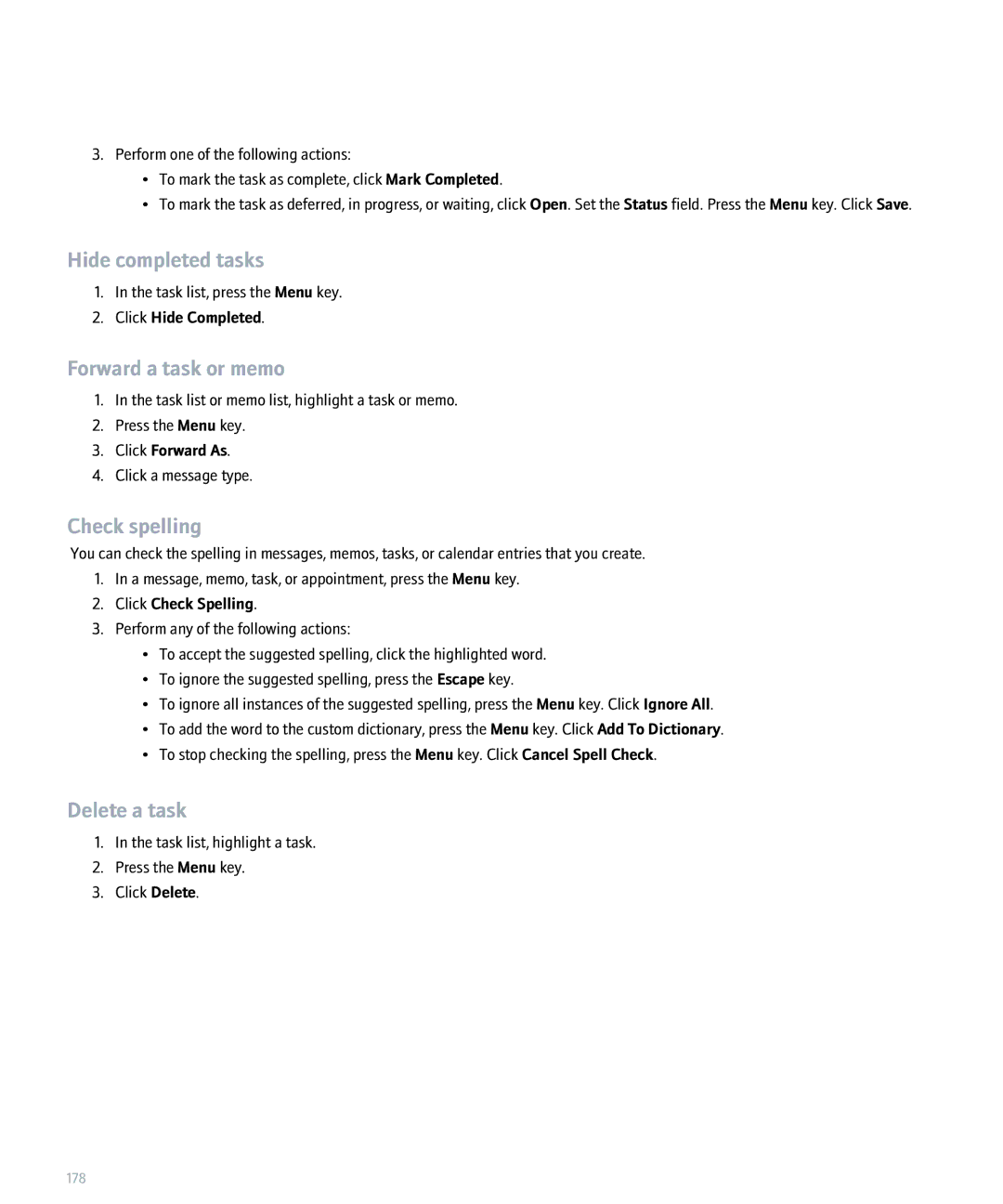 Blackberry 8820 manual Hide completed tasks, Forward a task or memo, Delete a task, Click Hide Completed, Click Forward As 