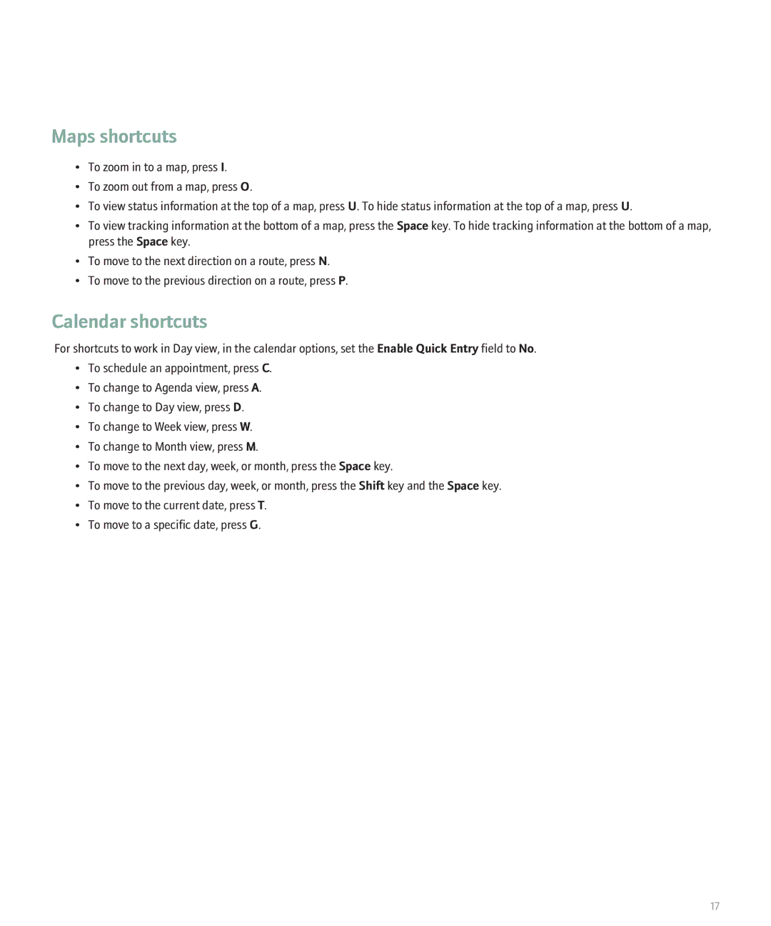 Blackberry 8820 manual Maps shortcuts, Calendar shortcuts 