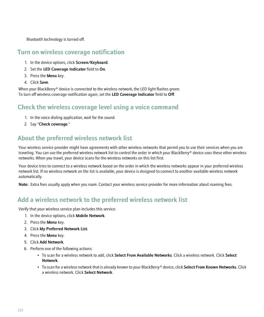 Blackberry 8820 manual Turn on wireless coverage notification, About the preferred wireless network list, Click Add Network 