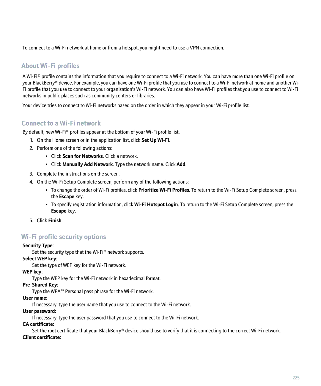 Blackberry 8820 manual About Wi-Fi profiles, Connect to a Wi-Fi network, Wi-Fi profile security options 