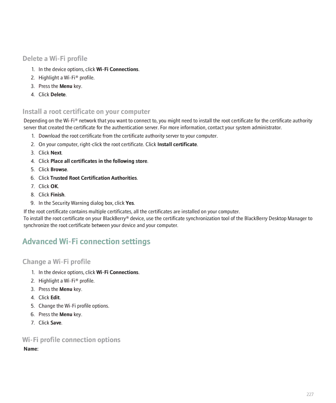 Blackberry 8820 Advanced Wi-Fi connection settings, Delete a Wi-Fi profile, Install a root certificate on your computer 