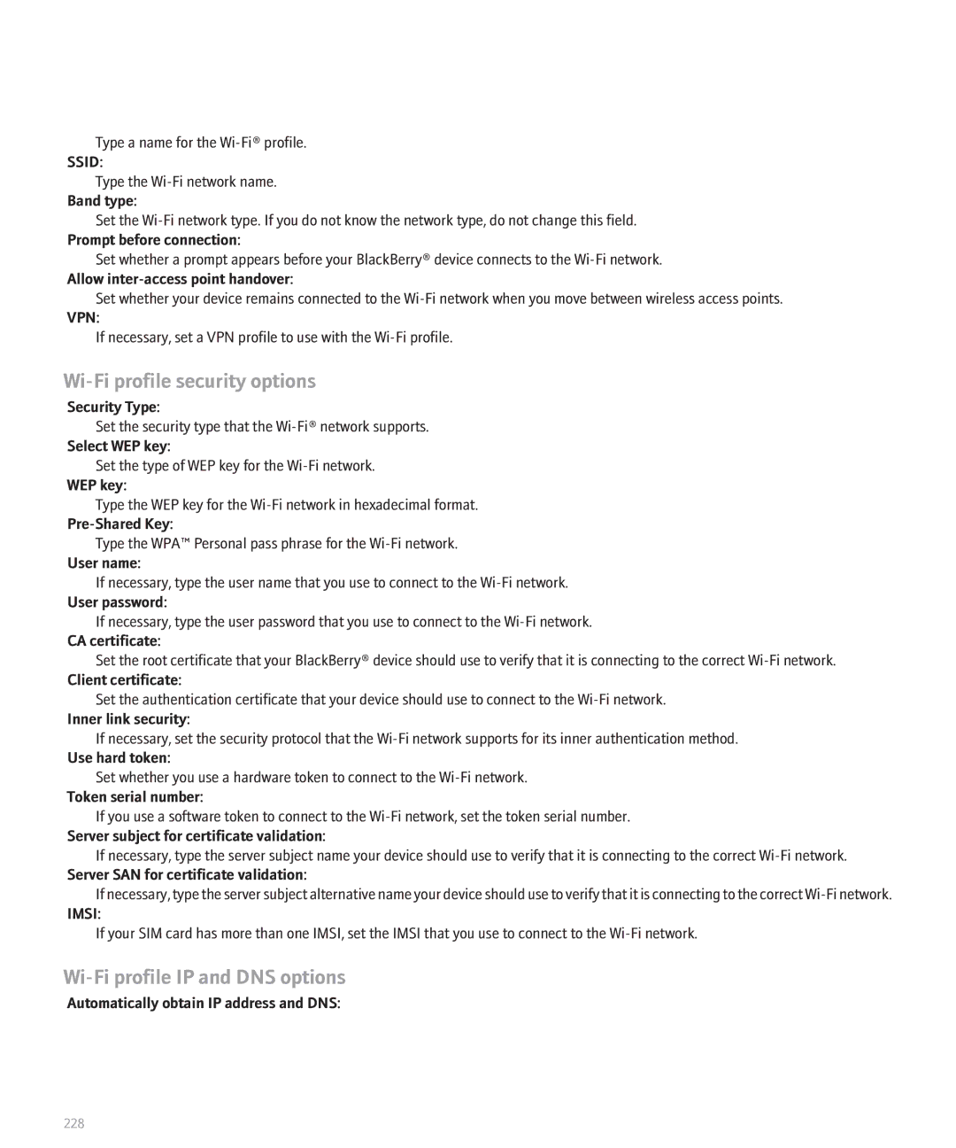 Blackberry 8820 Wi-Fi profile IP and DNS options, Band type, Prompt before connection, Allow inter-access point handover 