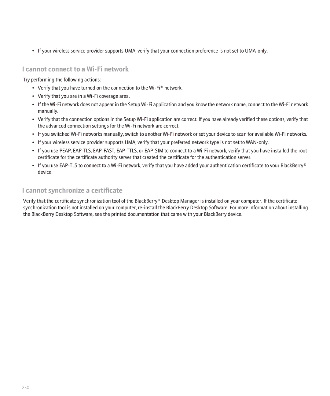 Blackberry 8820 manual Cannot connect to a Wi-Fi network, Cannot synchronize a certificate 