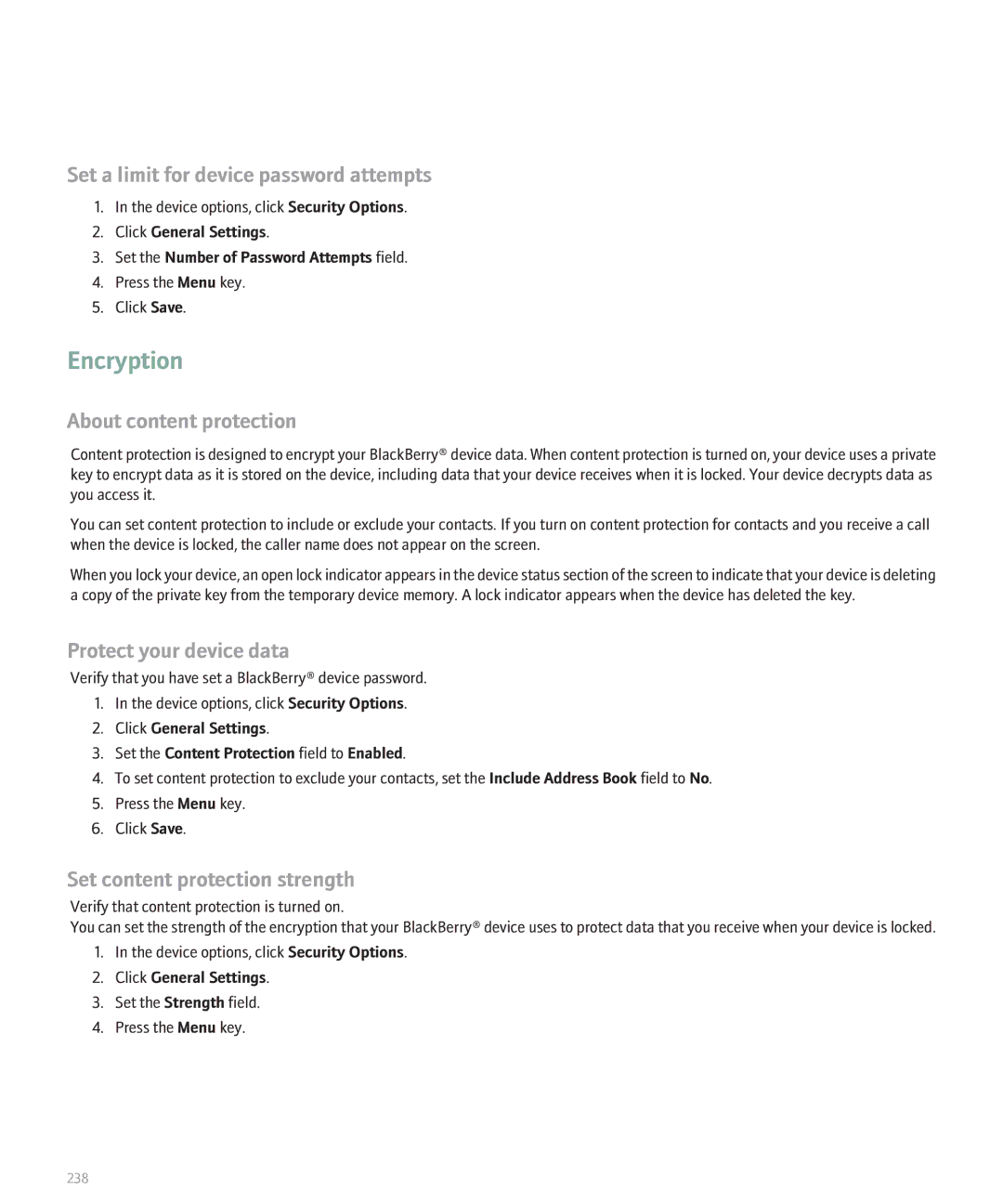 Blackberry 8820 Encryption, Set a limit for device password attempts, About content protection, Protect your device data 