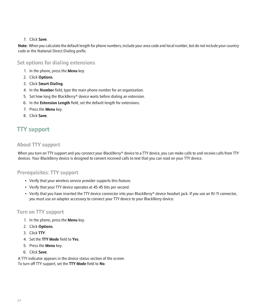 Blackberry 8820 Set options for dialing extensions, About TTY support, Prerequisites TTY support, Turn on TTY support 