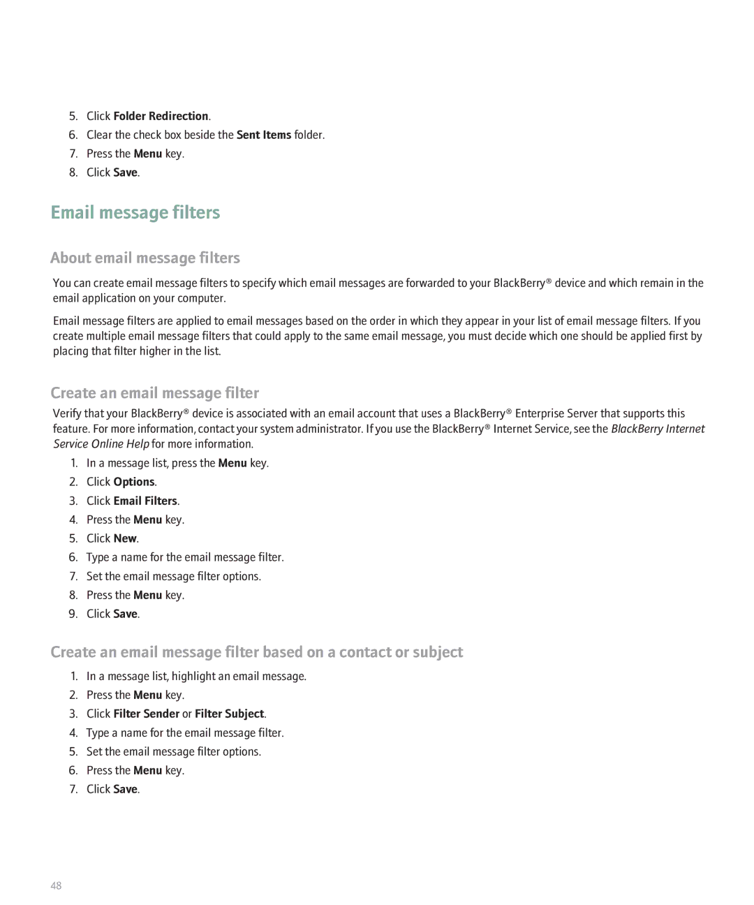 Blackberry 8820 manual Email message filters, About email message filters, Create an email message filter 