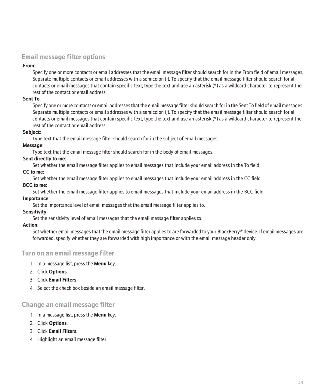 Blackberry 8820 manual Email message filter options, Turn on an email message filter, Change an email message filter 