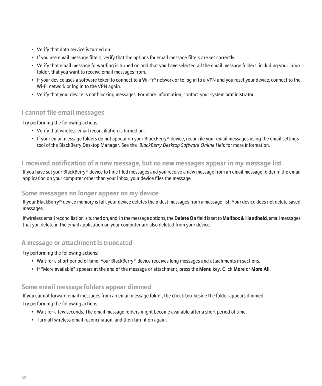 Blackberry 8820 manual Cannot file email messages, Some messages no longer appear on my device 