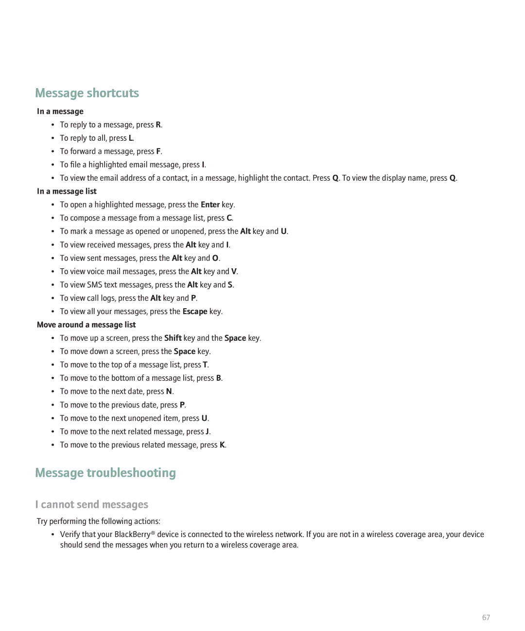 Blackberry 8820 manual Message shortcuts 